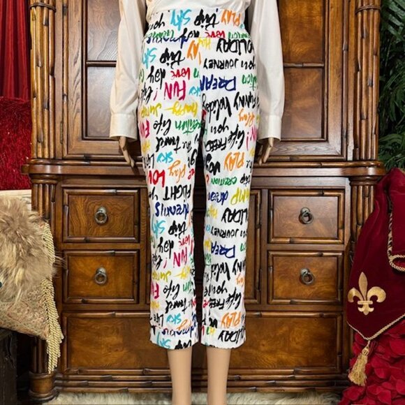 New York & Company Graffiti Script Print Crop Cuffed Stretch Twill Pant - Picture 1 of 11